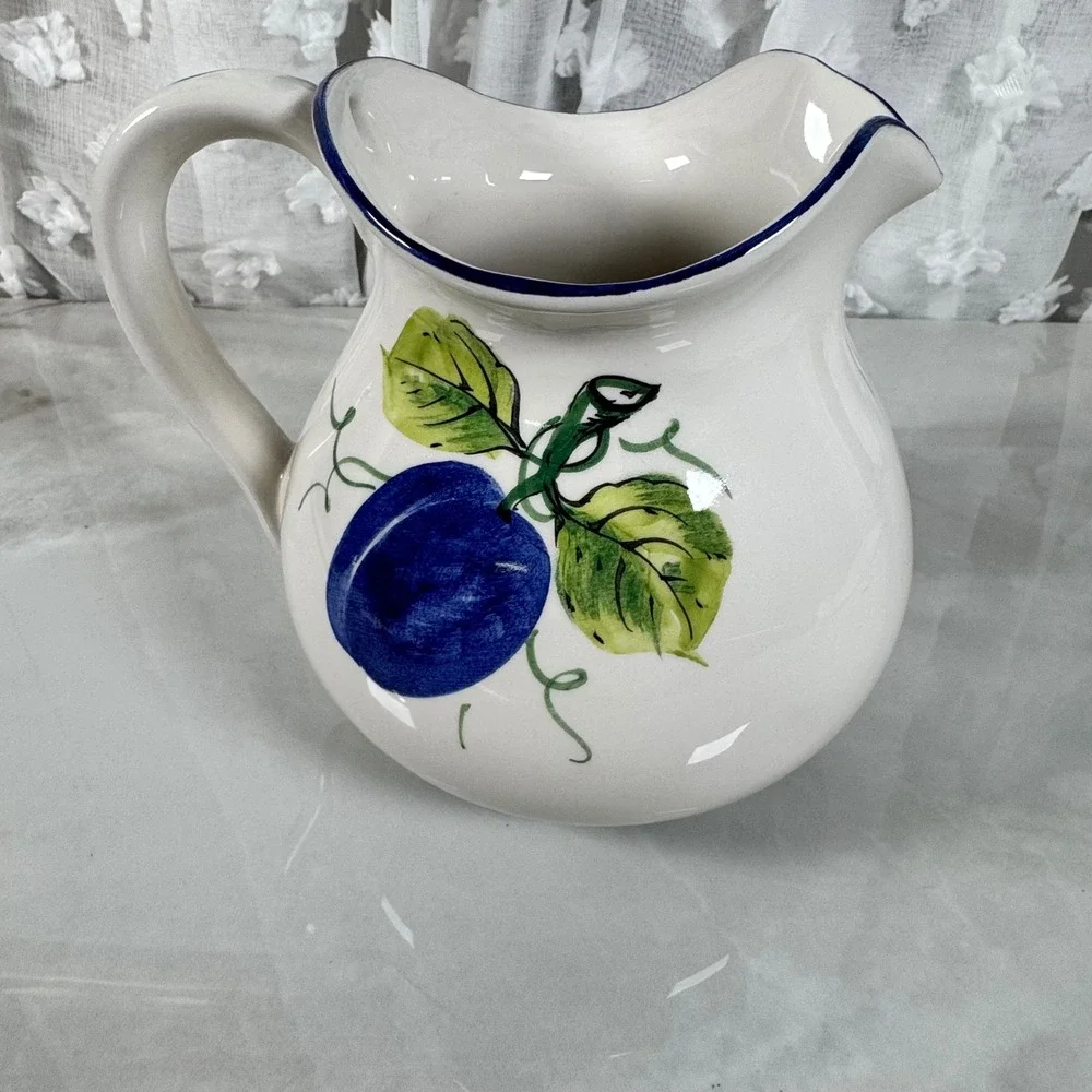 Zanolli Ceramic Pitcher Jug Handpainted Plums Italy‎ Fruit Farmhouse Cottagecore